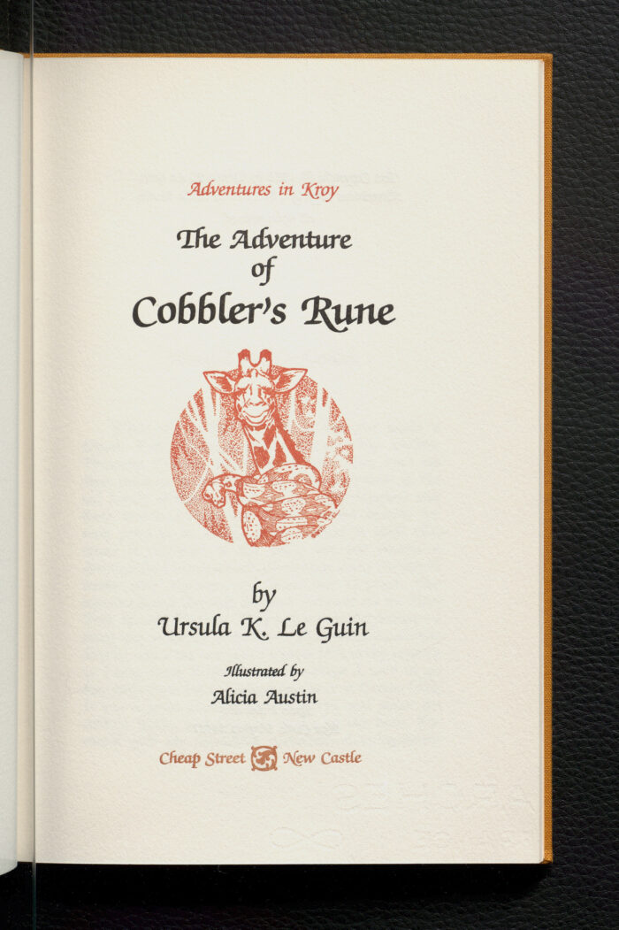 Title page of the Adventure of Cobbler's Rune, which includes an orange print of a giraffe in the center of the page. 