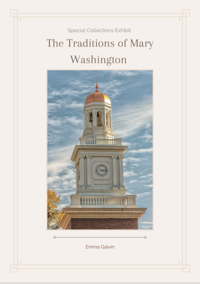 Cover titled ‘The Traditions of Mary Washington’ featuring a photo of the UMW clock tower against a blue sky.