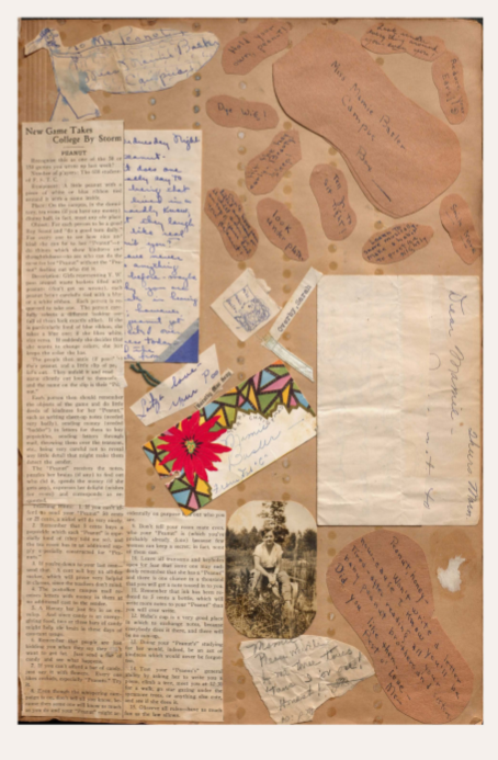 Scrapbook page with newspaper clippings, colorful handwritten notes, a geometric flower design, and a black‑and‑white photo of a person outdoors.”