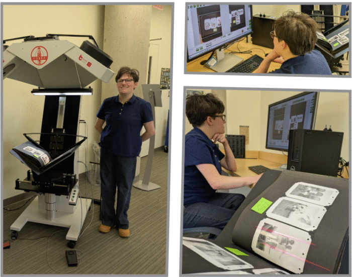 Collage showing book scanning equipment and a person reviewing digitized pages on a computer screen.