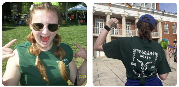 Two photos both wearing a green “GOATS” T-shirt; right is a front view and left is showing a goat graphic with years 2026 and 2028.