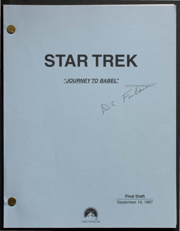 A blue script cover for Star Trek titled “Journey to Babel,” signed on the front, with brass fasteners and dated “Final Draft, September 19, 1967.”