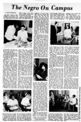 A scanned newspaper page titled ‘The Negro On Campus,’ featuring multiple photos of students in classroom settings, along with several columns of text