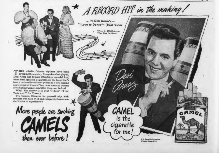 A vintage advertisement featuring musicians and cigarette ad on the , with slogans, musical notes, and illustrated product packaging.
