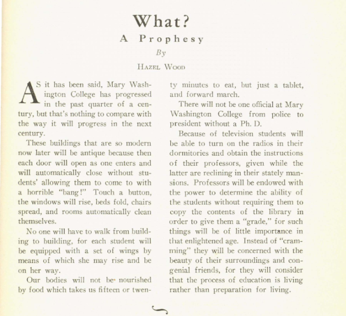 A scanned magazine page titled “What? A Prophesy” by Hazel Wood, showing a two‑column article predicting futuristic changes at Mary Washington College