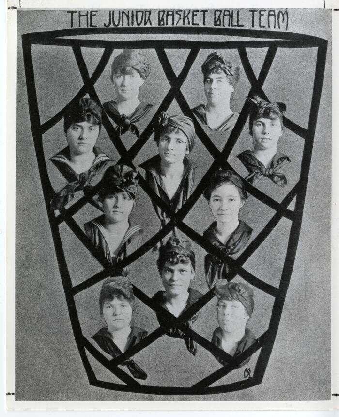 Headshots of women from the 1916 basketball team are pictured in the gaps of a drawn basketball net. "The Junior Basket Ball Team" is written above the hoop.