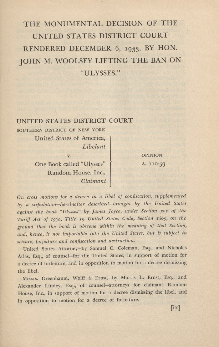 Scanned page from a legal publication featuring the 1933 U.S. District Court decision by Judge John M. Woolsey lifting the ban on James Joyce’s Ulysses.