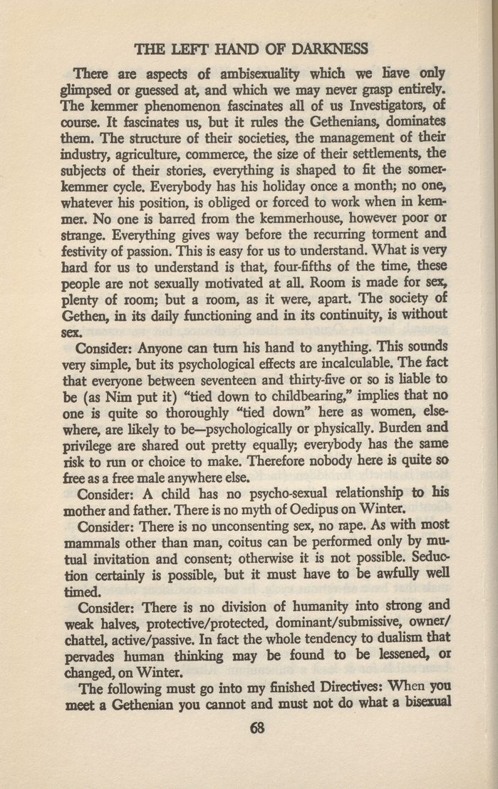 Scanned page from Ursula K. Le Guin’s The Left Hand of Darkness, discussing the social and cultural implications of ambisexuality on the planet Gethen.