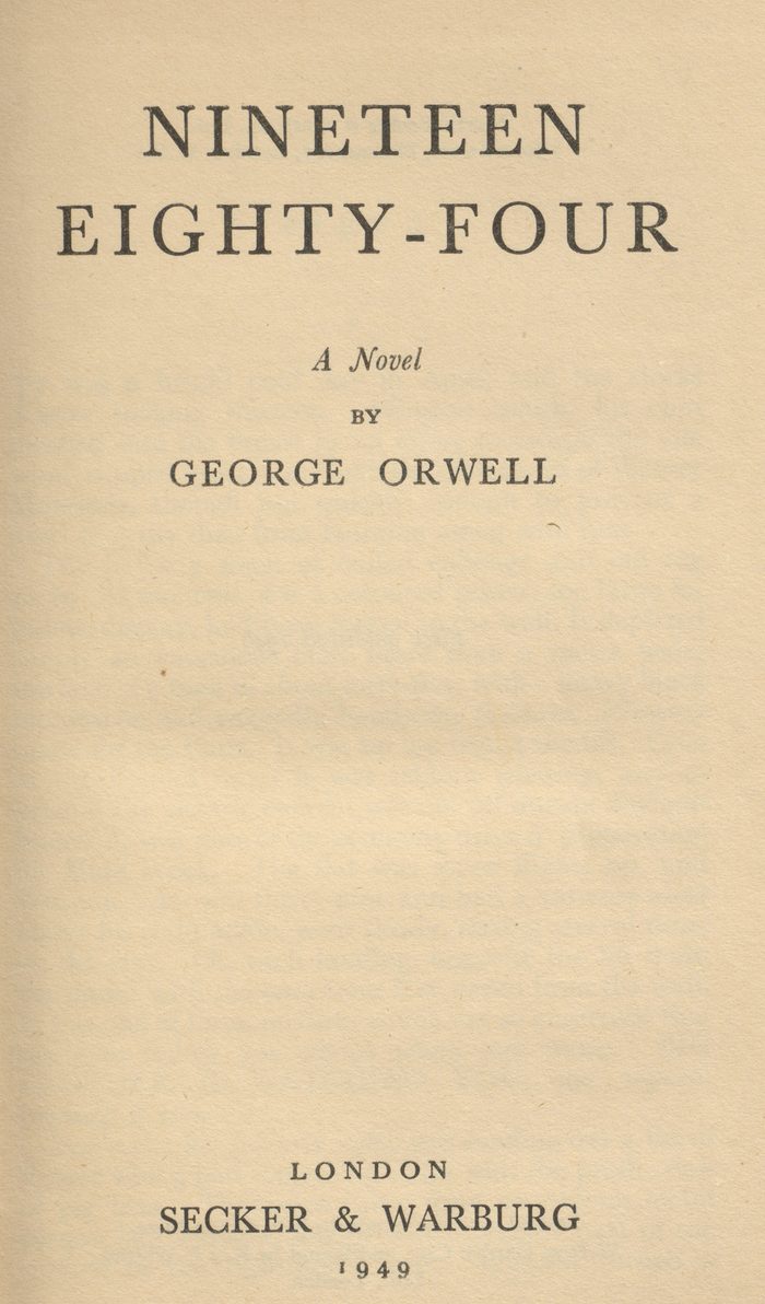 Title page of George Orwell’s Nineteen Eighty-Four, showing the novel’s title, author, publisher, and publication year.